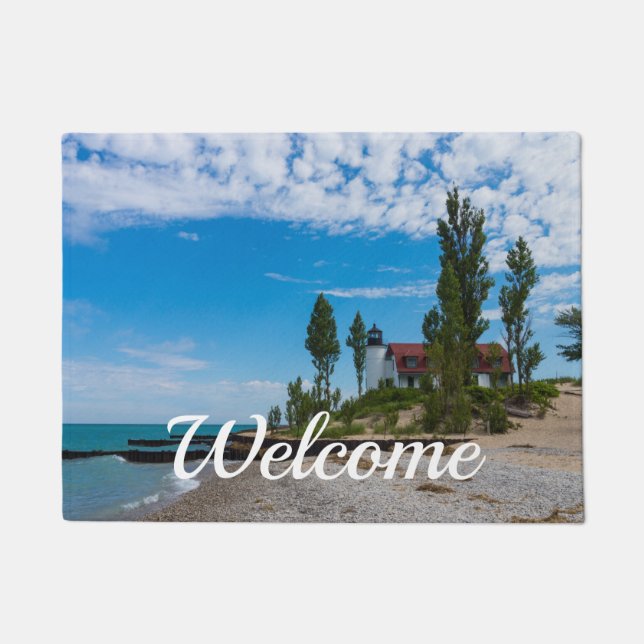 Felpudo Doormat de bienvenida a Point Betsie Light (Anverso)