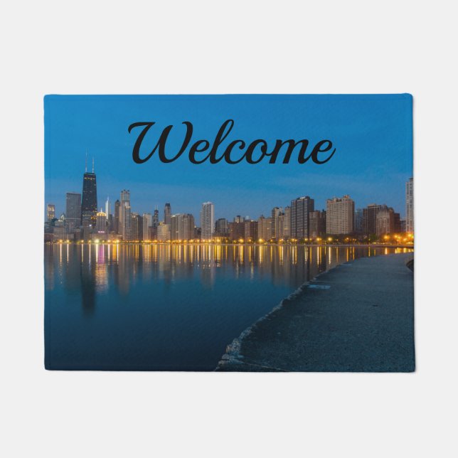 Felpudo Doormat de bienvenida al North Chicago Cityscape (Anverso)