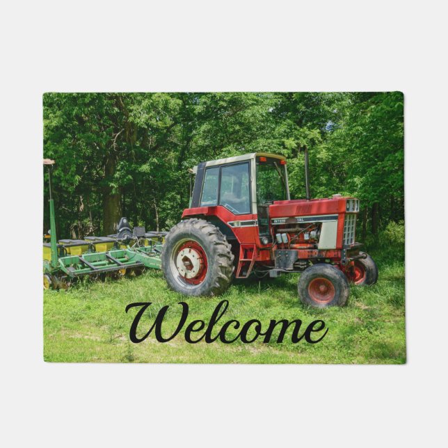 Felpudo Doormat de bienvenida al viejo Tractor Internacion (Anverso)