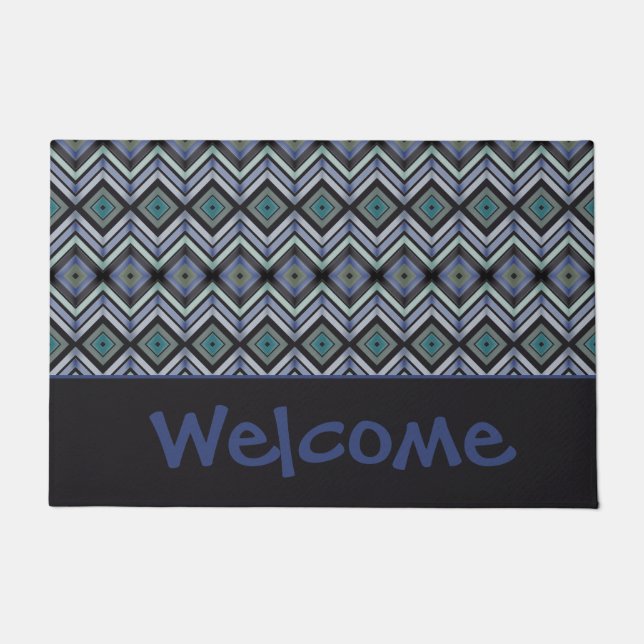 Felpudo Doormat de bienvenida azul negro y Verde azulado (Anverso)