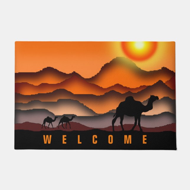 Felpudo Doormat de bienvenida con camellos del desierto al (Anverso)