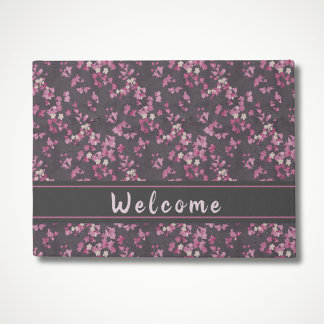 Felpudo Doormat de bienvenida con flores de cerezo rosa y