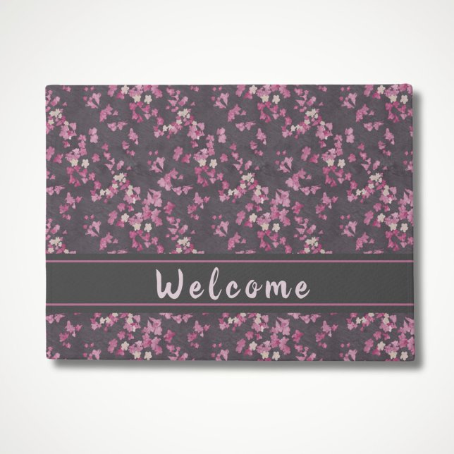 Felpudo Doormat de bienvenida con flores de cerezo rosa y  (Pink and Dark Gray Cherry Blossoms Welcome Mat for front door)