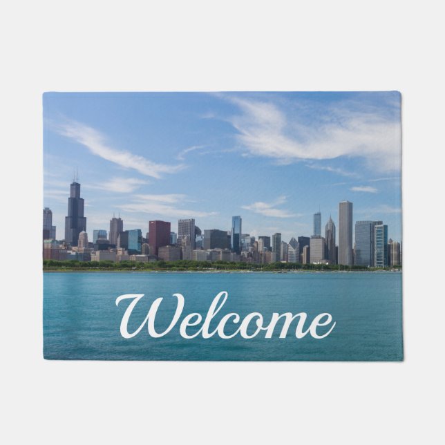 Felpudo Doormat de bienvenida de Chicago Day Cityscape (Anverso)