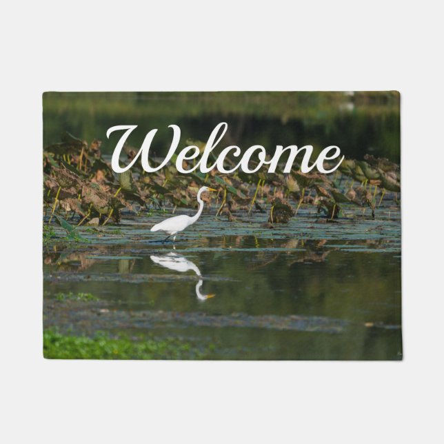 Felpudo Doormat De Bienvenida De La Reflexión De Egret Bla (Anverso)