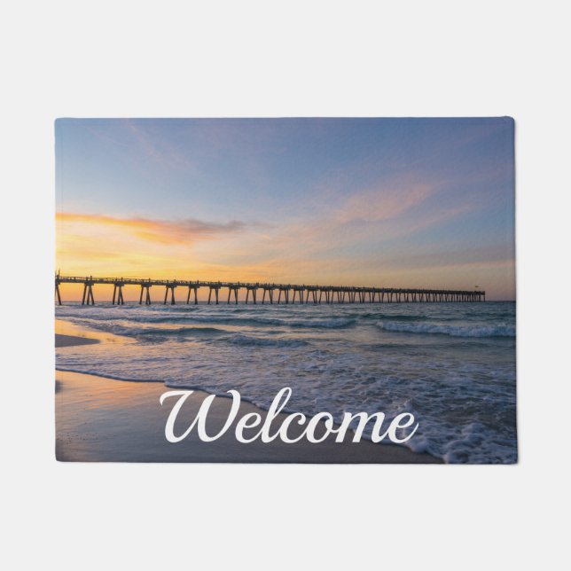 Felpudo Doormat de bienvenida de Pensacola Pier Shoreline  (Anverso)