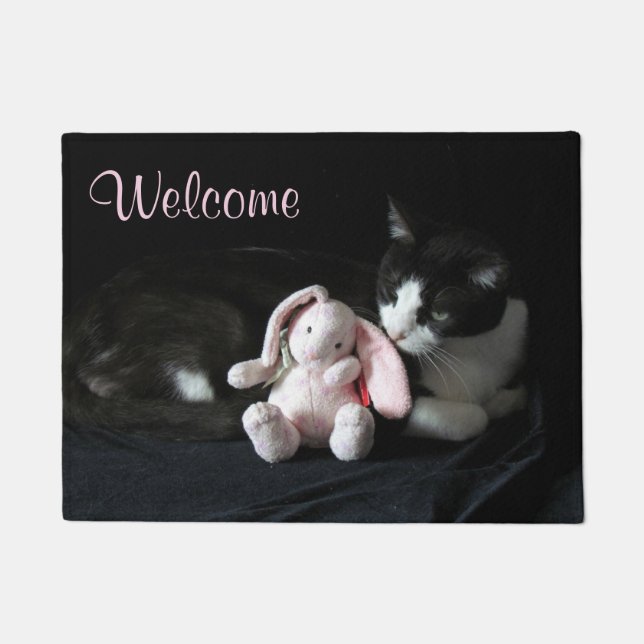 Felpudo Doormat de bienvenida para gatos y conejitos rosad (Anverso)
