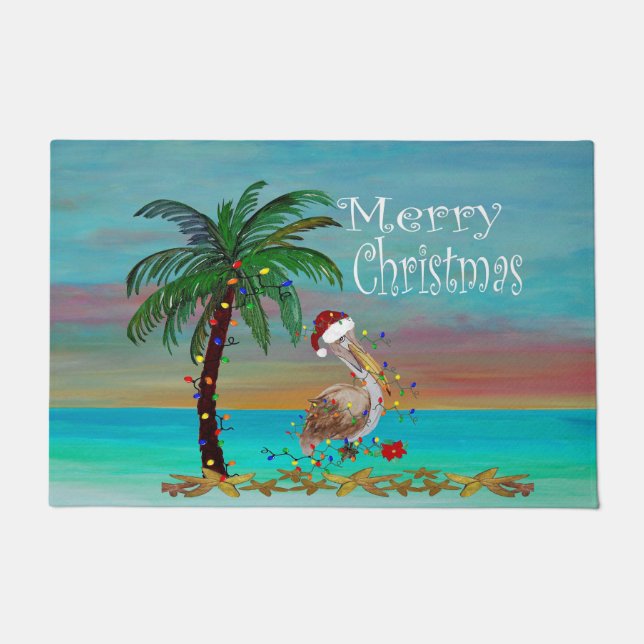 Felpudo Doormat de la festividad pelicana de Navidades cos (Anverso)