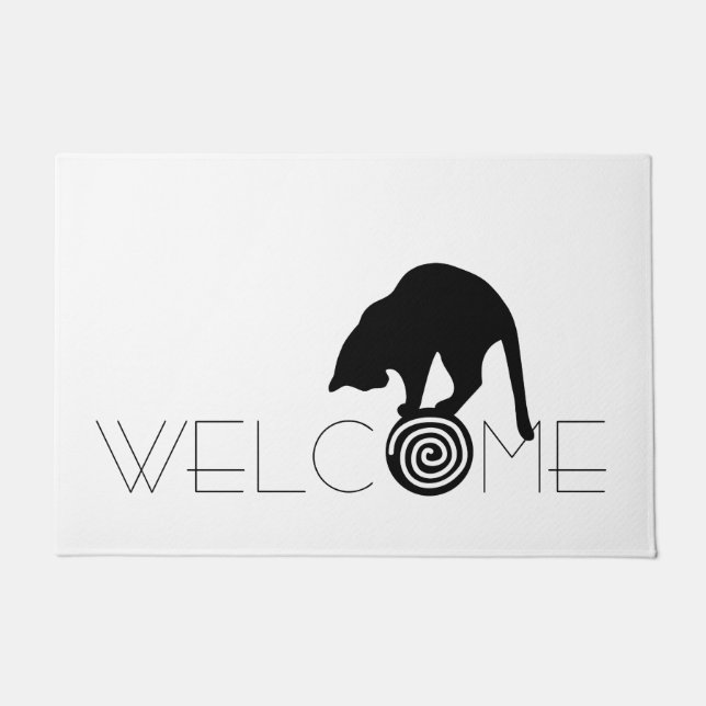 Felpudo Doormat de la recepción del gato negro (Anverso)