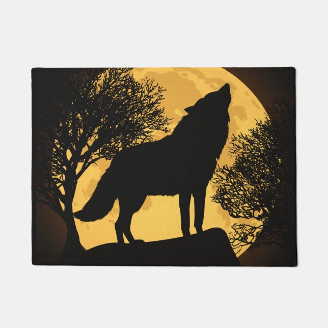 Felpudo Doormat de luna llena de lobo negro y amarillo (Anverso)