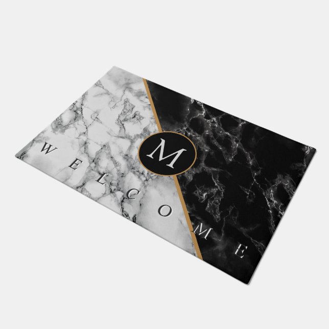 Felpudo Doormat de mármol blanco negro con letra Personali (Angular)