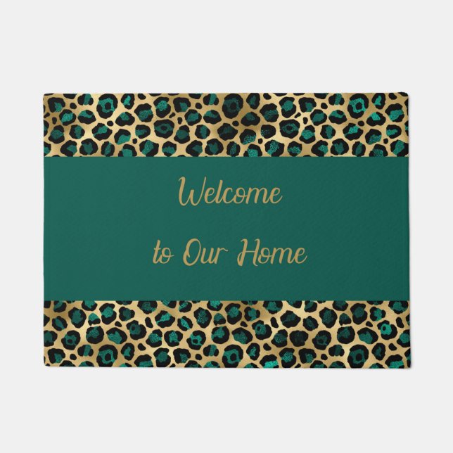 Felpudo Doormat en Faux Gold y diseño de leopardo Verde az (Anverso)