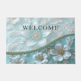 Felpudo Doormat floral blanco verde azulado