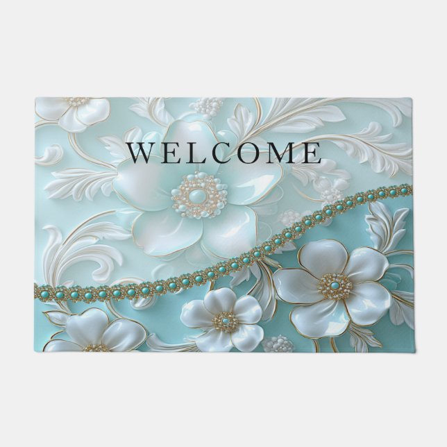 Felpudo Doormat floral blanco verde azulado (Anverso)