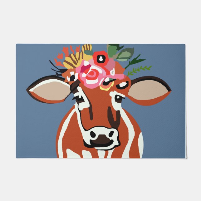 Felpudo Doormat, Gorra De Vacas Y Flores (Anverso)