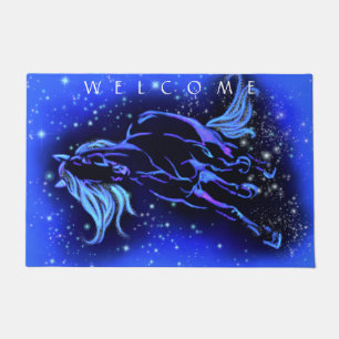 Felpudo Doormat Horse Running Blue Starry Night Welcome