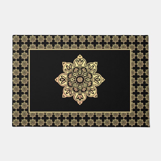 Felpudo Doormat, medallones de oro sobre negro (Anverso)