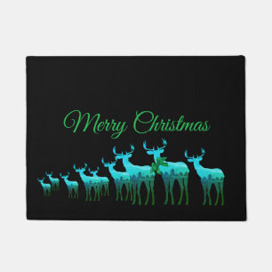 Felpudo Doormat-Merry Christmas Blue-Green Deer/Elk
