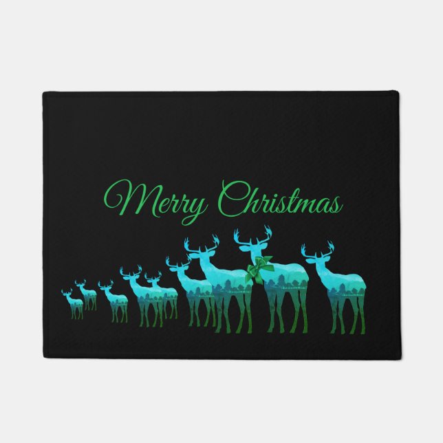 Felpudo Doormat-Merry Christmas Blue-Green Deer/Elk (Anverso)
