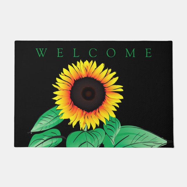 Felpudo Doormat negro de girasol amarillo (Anverso)