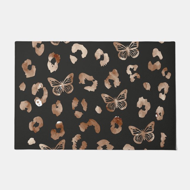 Felpudo Doormat negro de leopardo de mariposa (Anverso)