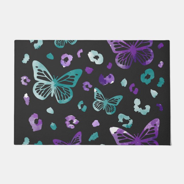 Felpudo Doormat negro de leopardo de mariposa (Anverso)