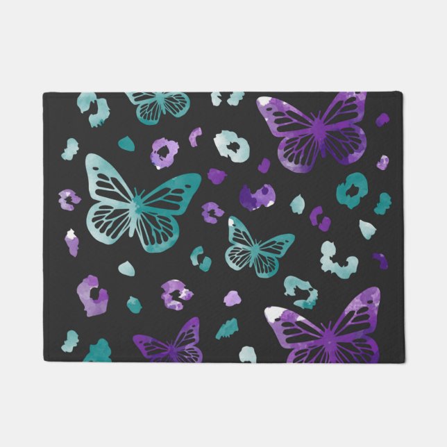 Felpudo Doormat negro de leopardo de mariposa (Anverso)