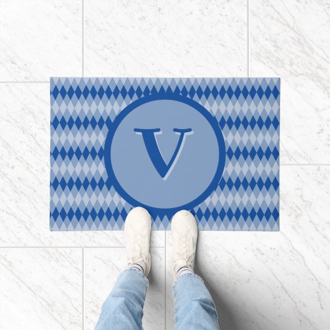 Felpudo Doormat - Patrón argyle en azul con monograma (Interior)