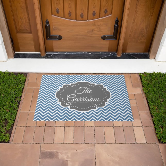 Felpudo Doormat personalizado de Blue Chevron (Exterior)