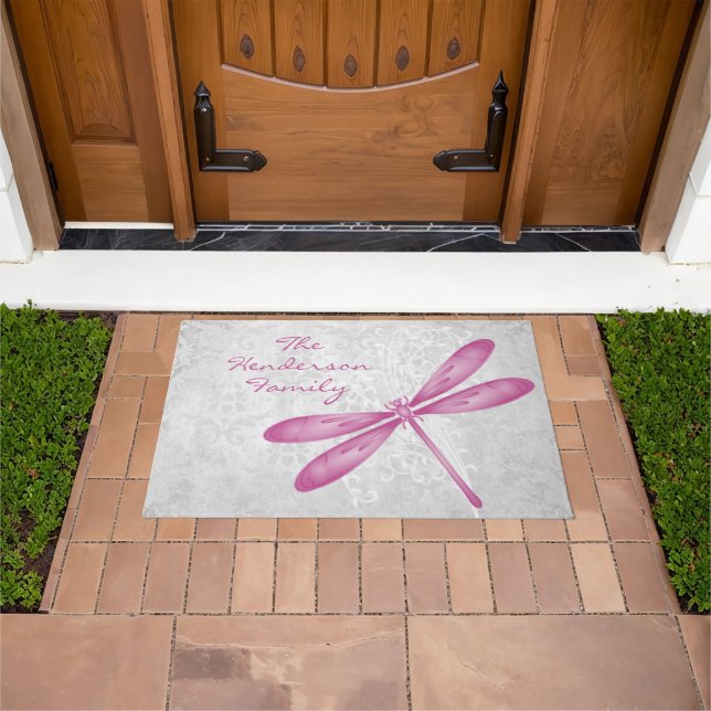 Felpudo Doormat personalizado de la libélula magenta (Exterior)