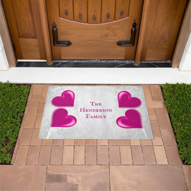 Felpudo Doormat personalizado de los corazones magenta (Exterior)