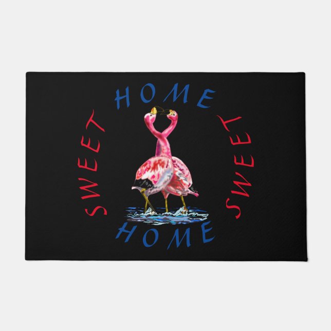 Felpudo Doormat rosa Flamingo con texto Hogar dulce hogar (Anverso)