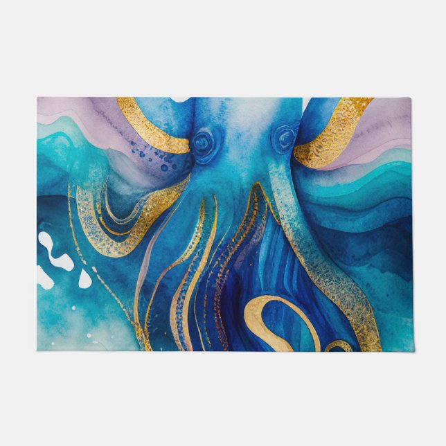 Felpudo Doormat turquesa azul octopus de oro (Anverso)