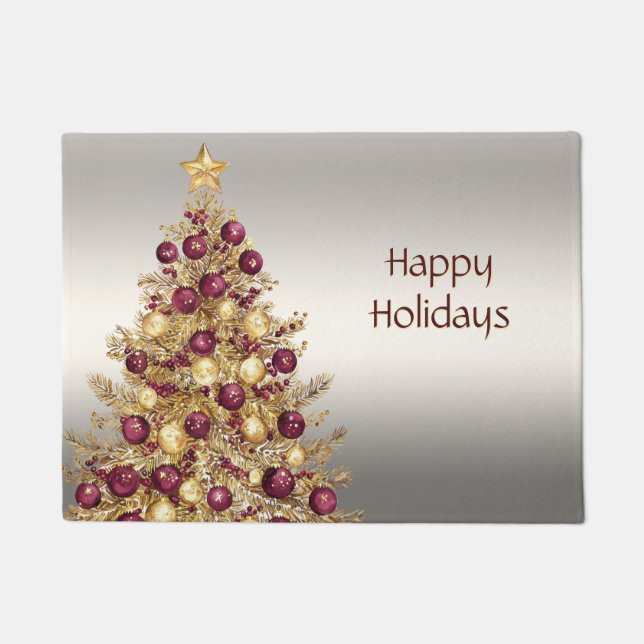 Felpudo Dorado Burgundy Árbol de Navidad Doormat (Anverso)