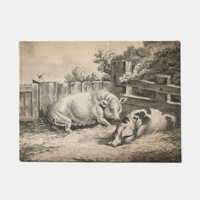 Felpudo Dos cerdos yacen en la paja en una pluma exterior (Anverso)