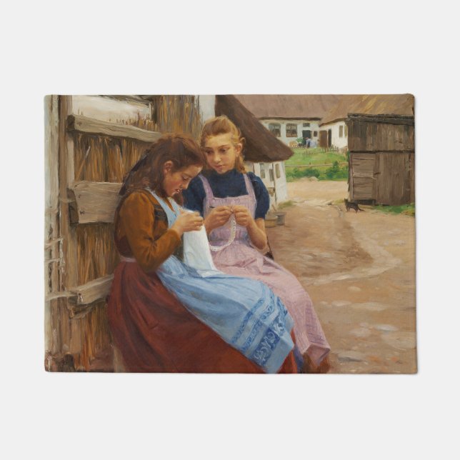Felpudo Dos Chicas sentados en un corral (Anverso)