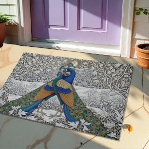 Felpudo Dos pavos reales abren el invierno floral Art Nuov