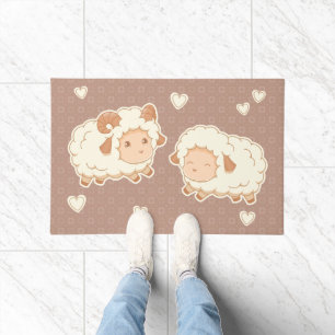 Felpudo Dos pequeñas ovejas cortas ram Ewe on Brown