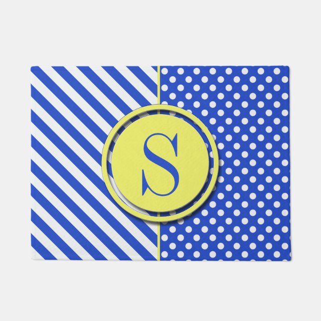 Felpudo Dosis Y Rayas De Polka De La Combinación Azul Real (Anverso)