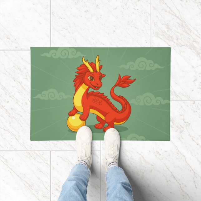 Felpudo Dragón Chino Rojo sobre Verde (Interior)