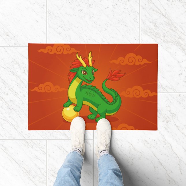 Felpudo Dragón Chino Verde sobre Rojo (Interior)