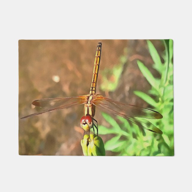 Felpudo Dragonfly artístico descansando sobre la cabeza de (Anverso)