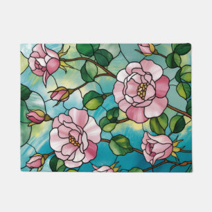 Felpudo Efecto de vidrio emplomado floral flores rosadas b