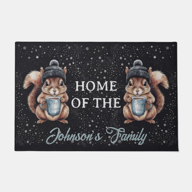 Felpudo Eichhörnchen mit Tasse und Schnee „Stay Warm“  (Anverso)