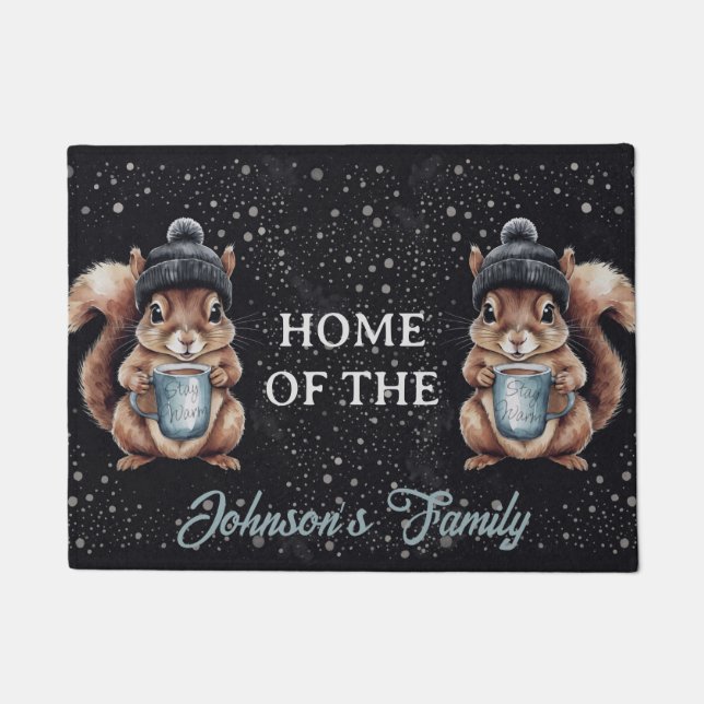 Felpudo Eichhörnchen mit Tasse und Schnee „Stay Warm“  (Anverso)