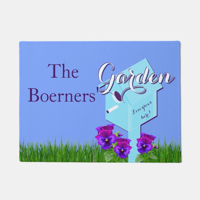 Felpudo ¡El amor crece aquí! Pansies de Birdhouse (Anverso)