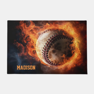 Felpudo El béisbol de texto personalizado en el fuego