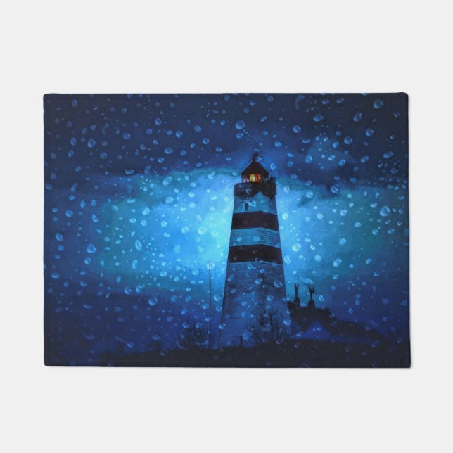 Felpudo El faro azul una noche oscura lluviosa con gotas (Anverso)