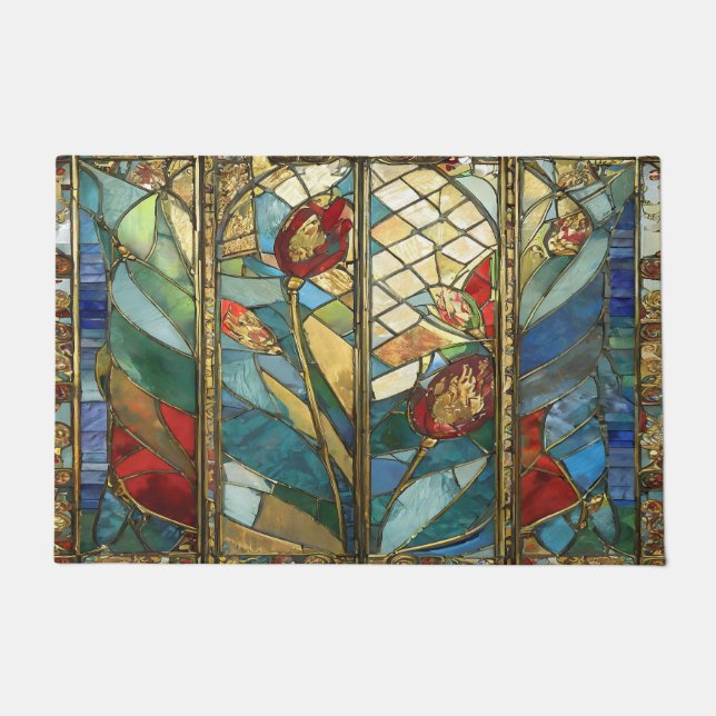 Felpudo El Jefe Rojo de Vidrio Manchado atiende al amanece (Anverso)