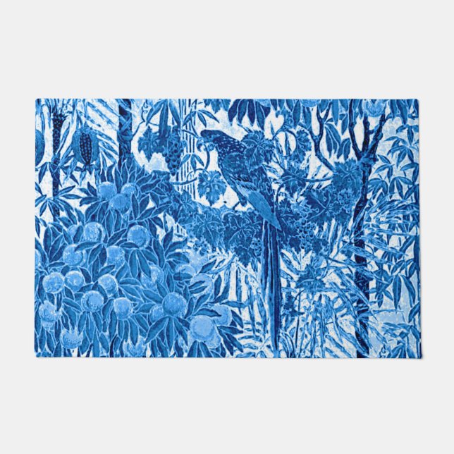 Felpudo El loro en la jungla, azul índigo y blanco (Anverso)